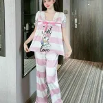 Đồ bộ pijama quần dài áo tay ngắn phồng cổ vuông ren in họa tiết