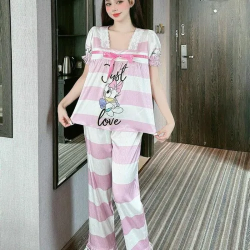 Đồ bộ pijama quần dài áo tay ngắn phồng cổ vuông ren in họa tiết