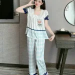 Đồ bộ pijama quần dài áo tay ngắn phồng cổ vuông ren in họa tiết