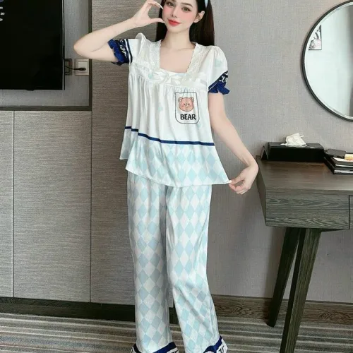 Đồ bộ pijama quần dài áo tay ngắn phồng cổ vuông ren in họa tiết