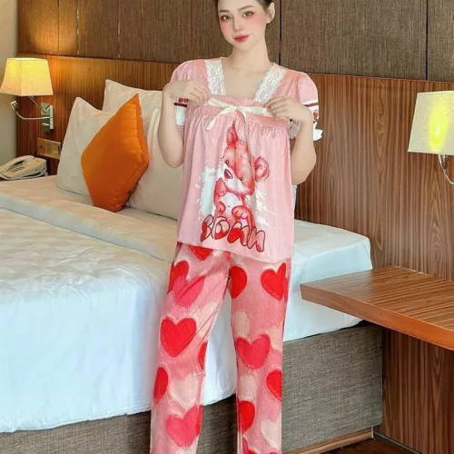 Đồ bộ pijama quần dài áo tay ngắn phồng cổ vuông ren in họa tiết