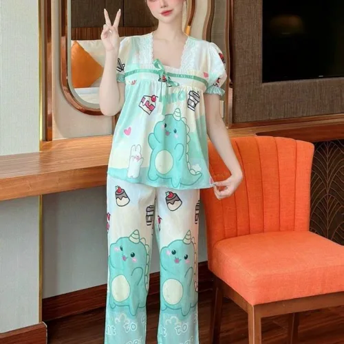 Đồ bộ pijama quần dài áo tay ngắn phồng cổ vuông ren in họa tiết