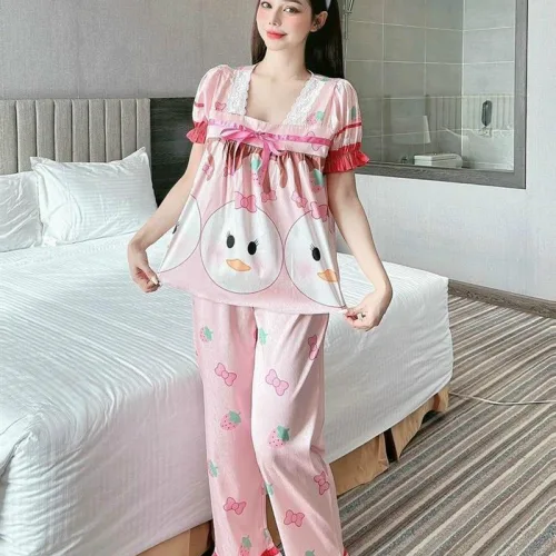 Đồ bộ pijama quần dài áo tay ngắn phồng cổ vuông ren in họa tiết