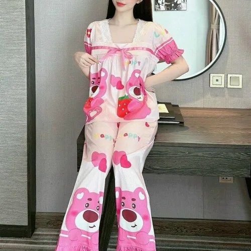 Đồ bộ pijama quần dài áo tay ngắn phồng cổ vuông ren in họa tiết
