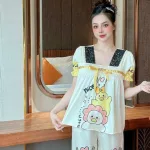 Đồ bộ pijama quần dài áo tay ngắn phồng cổ vuông ren in họa tiết
