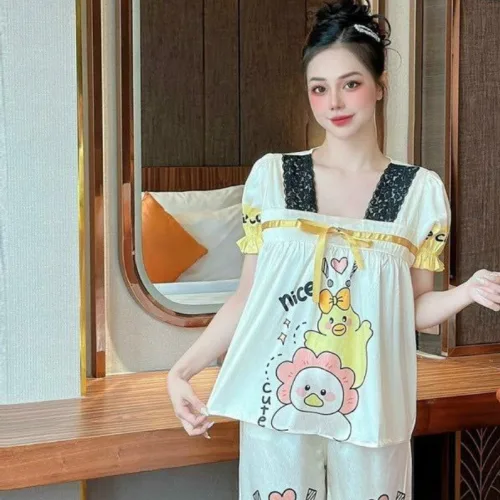 Đồ bộ pijama quần dài áo tay ngắn phồng cổ vuông ren in họa tiết