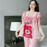 Đồ bộ pijama quần dài áo tay ngắn phồng cổ vuông ren in họa tiết