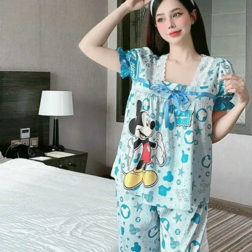 Đồ bộ pijama quần dài áo tay ngắn phồng cổ vuông ren in họa tiết