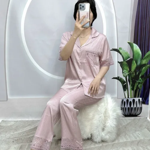 Đồ bộ pijama quần dài áo tay ngắn xước màu có túi phối ren