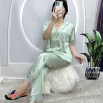 Đồ bộ pijama quần dài áo tay ngắn xước màu có túi phối ren