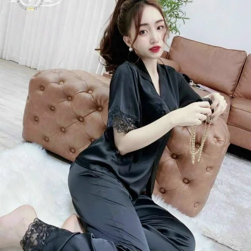 Đồ bộ pijama quần dài áo tay ngắn xước màu có túi phối ren