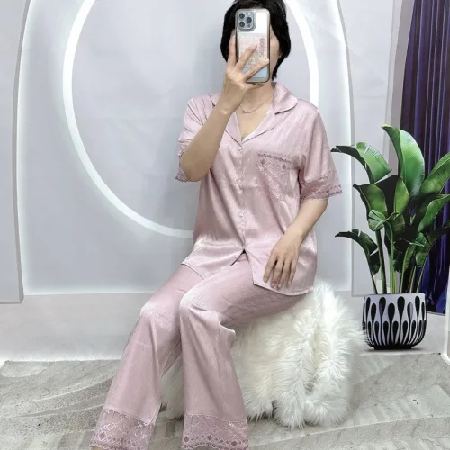 Đồ bộ pijama quần dài viền ren áo tay ngắn màu trơn