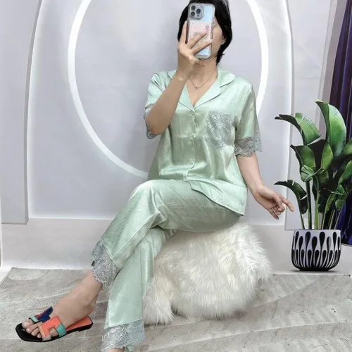 Đồ bộ pijama quần dài viền ren áo tay ngắn màu trơn