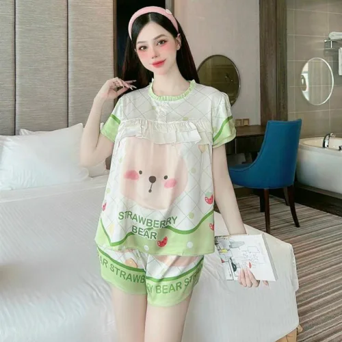 Đồ bộ pijama quần đùi áo tay ngắn cổ tròn viền nhún in hoạ tiết