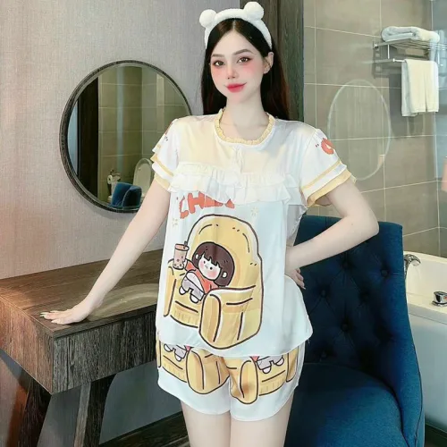 Đồ bộ pijama quần đùi áo tay ngắn cổ tròn viền nhún in hoạ tiết
