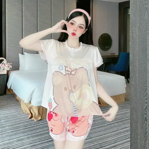 Đồ bộ pijama quần đùi áo tay ngắn cổ tròn viền nhún in hoạ tiết