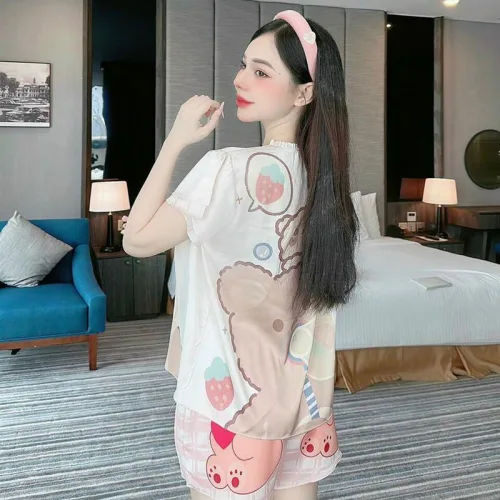 Đồ bộ pijama quần đùi áo tay ngắn cổ tròn viền nhún in hoạ tiết