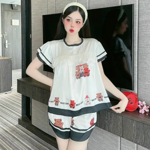 Đồ bộ pijama quần đùi áo tay ngắn cổ tròn viền nhún in hoạ tiết