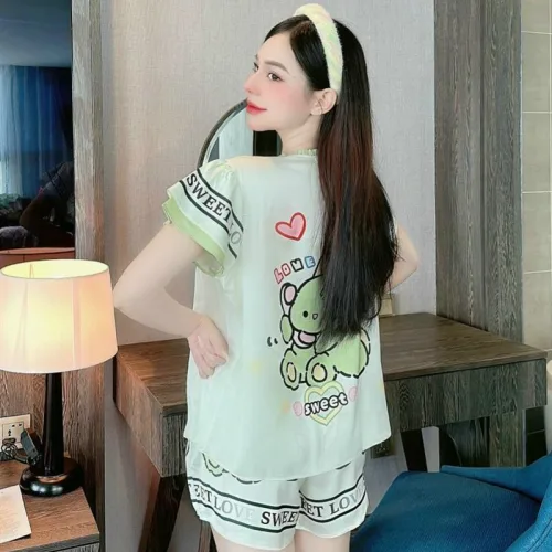 Đồ bộ pijama quần đùi áo tay ngắn cổ tròn viền nhún in hoạ tiết