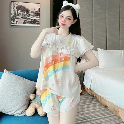 Đồ bộ pijama quần đùi áo tay ngắn cổ tròn viền nhún in hoạ tiết