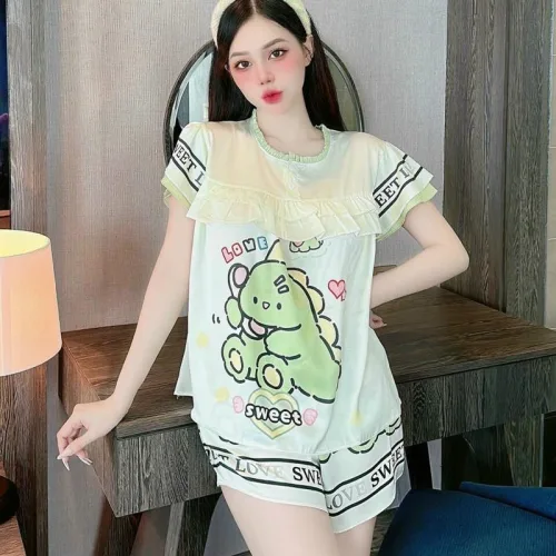 Đồ bộ pijama quần đùi áo tay ngắn cổ tròn viền nhún in hoạ tiết