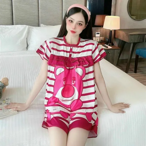 Đồ bộ pijama quần đùi áo tay ngắn cổ tròn viền nhún in hoạ tiết