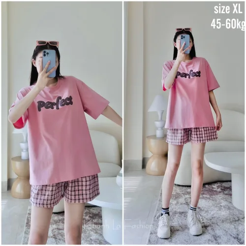 đồ bộ quần ca rô áo thun in chữ