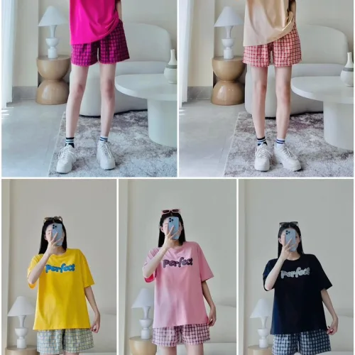 đồ bộ quần ca rô áo thun in chữ