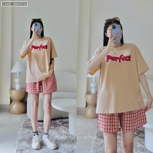 đồ bộ quần ca rô áo thun in chữ