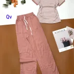 Đồ bộ quần dài áo cổ tròn sọc tay ngắn
