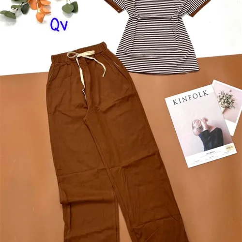 Đồ bộ quần dài áo cổ tròn sọc tay ngắn