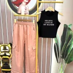 Đồ bộ quần dài áo crop ba lỗ in chữ