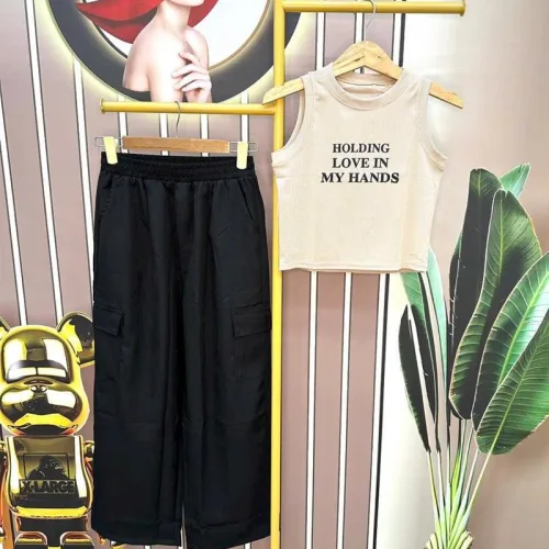 Đồ bộ quần dài áo crop ba lỗ in chữ