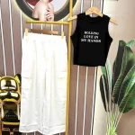 Đồ bộ quần dài áo crop ba lỗ in chữ