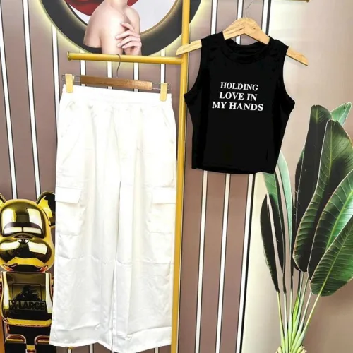 Đồ bộ quần dài áo crop ba lỗ in chữ