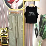 Đồ bộ quần dài áo crop ba lỗ in chữ