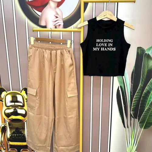 Đồ bộ quần dài áo crop ba lỗ in chữ