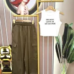 Đồ bộ quần dài áo croptop sát nách in chữ