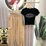 Đồ bộ quần dài áo croptop tay ngắn in chữ