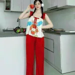 Đồ bộ quần dài áo dây bèo hoạ tiết mặc nhà