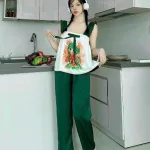 Đồ bộ quần dài áo dây bèo hoạ tiết mặc nhà