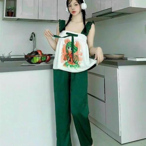 Đồ bộ quần dài áo dây bèo hoạ tiết mặc nhà