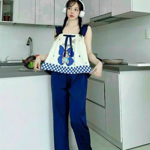 Đồ bộ quần dài áo dây bèo hoạ tiết mặc nhà