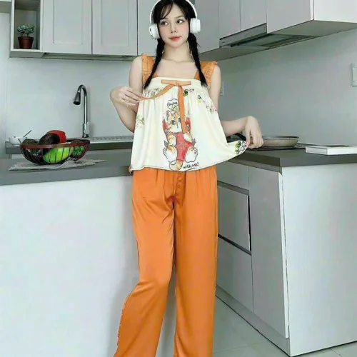 Đồ bộ quần dài áo dây bèo hoạ tiết mặc nhà