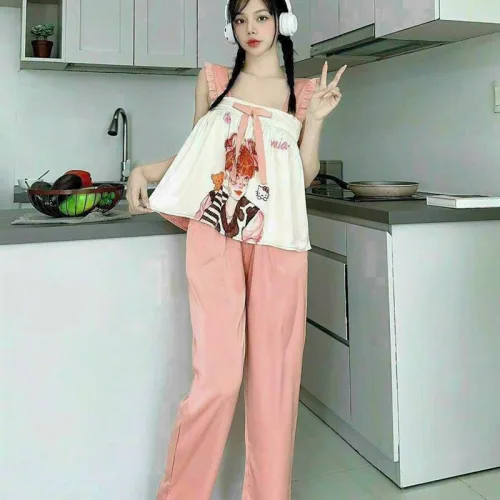 Đồ bộ quần dài áo dây bèo hoạ tiết mặc nhà