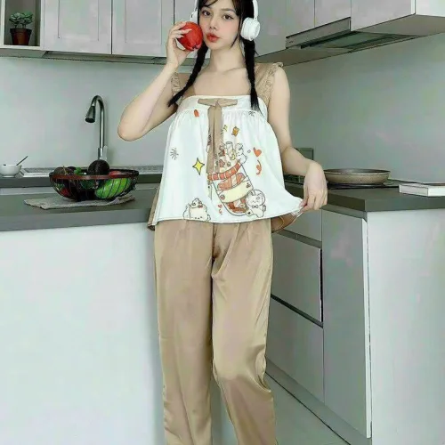 Đồ bộ quần dài áo dây bèo hoạ tiết mặc nhà