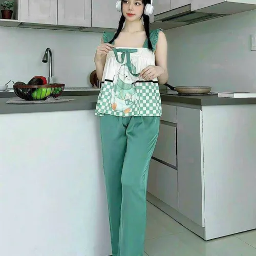 Đồ bộ quần dài áo dây bèo hoạ tiết mặc nhà