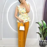 Đồ bộ quần dài áo dây cổ vuông hoạ tiết