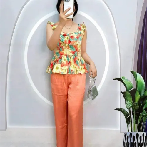 Đồ bộ quần dài áo dây cổ vuông hoạ tiết