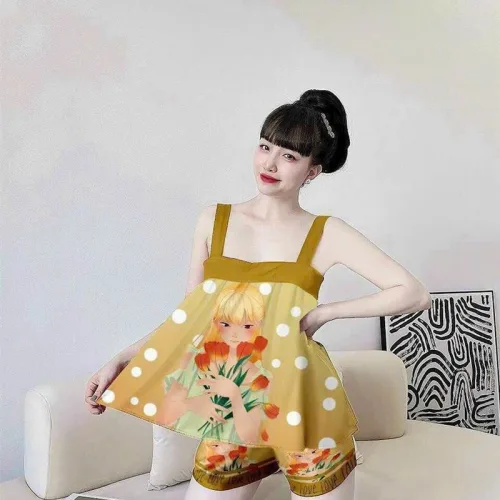 Đồ bộ quần dài áo dây hoạ tiết mặc nhà